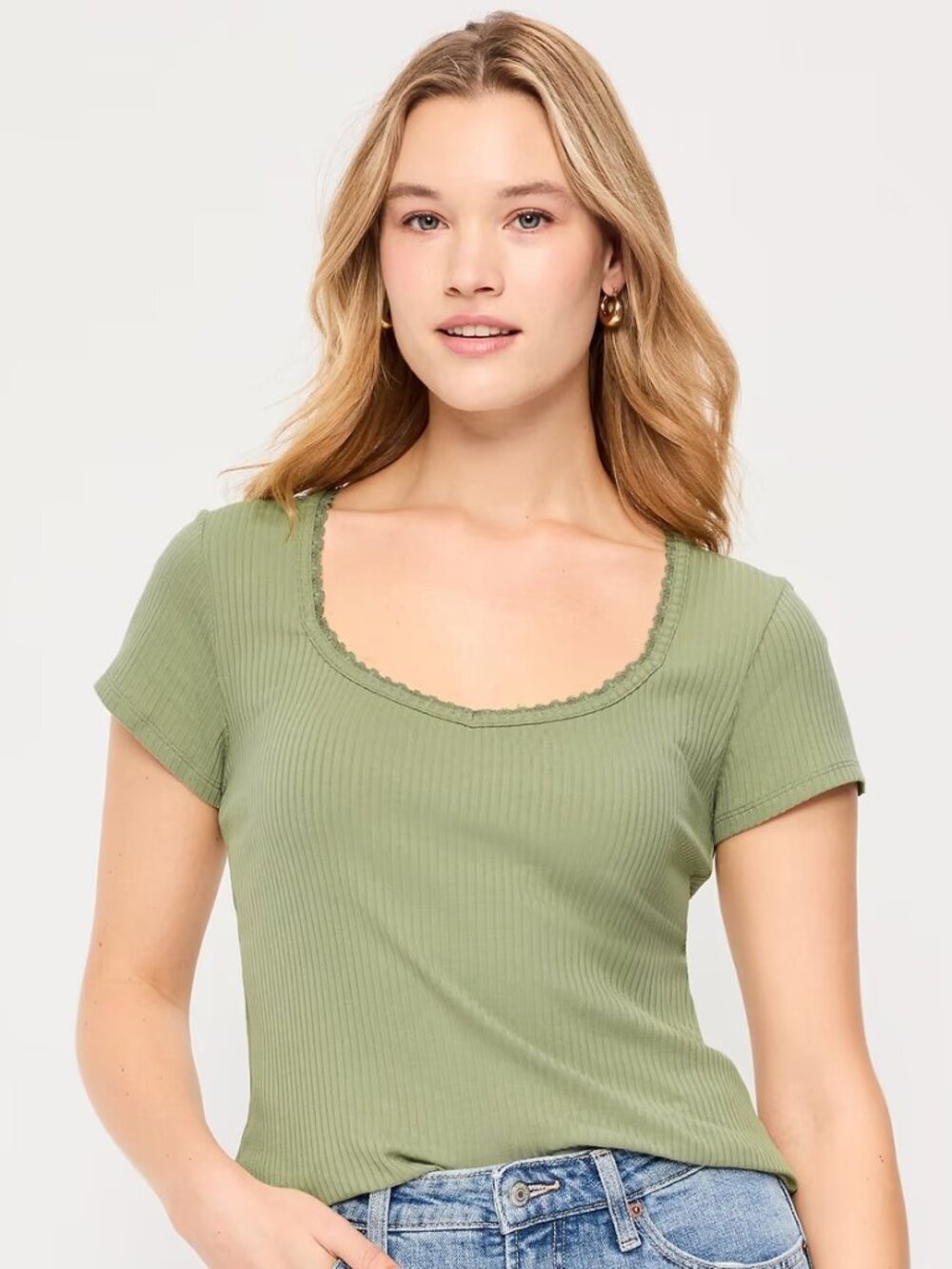 Lace-Trim Sweetheart-Neck Ribbed Top